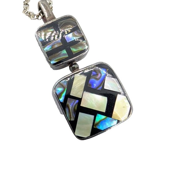 Sandy Baker Sterling 925 Paula shell horn inlay mosaic pendant on 925 Necklace - Picture 5 of 16